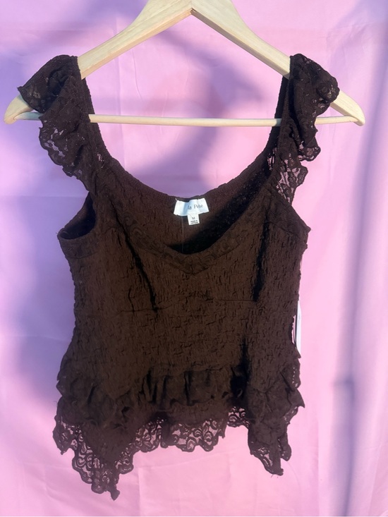 La Peche Tops - La Peche chocolate brown ruched lace blouse NWT